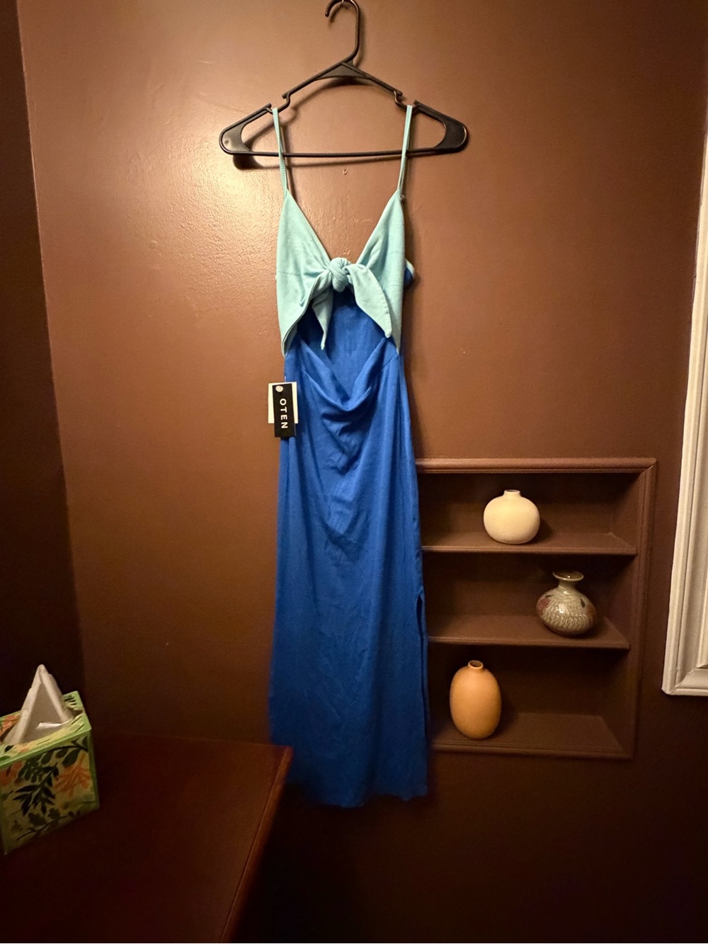 Blue Two-Tone Tie-Front Maxi Dress with Spaghetti Straps
